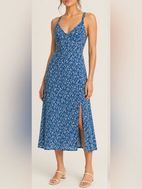 Princess Polly Blue Floral Midi Dress Size 4 Side Slit